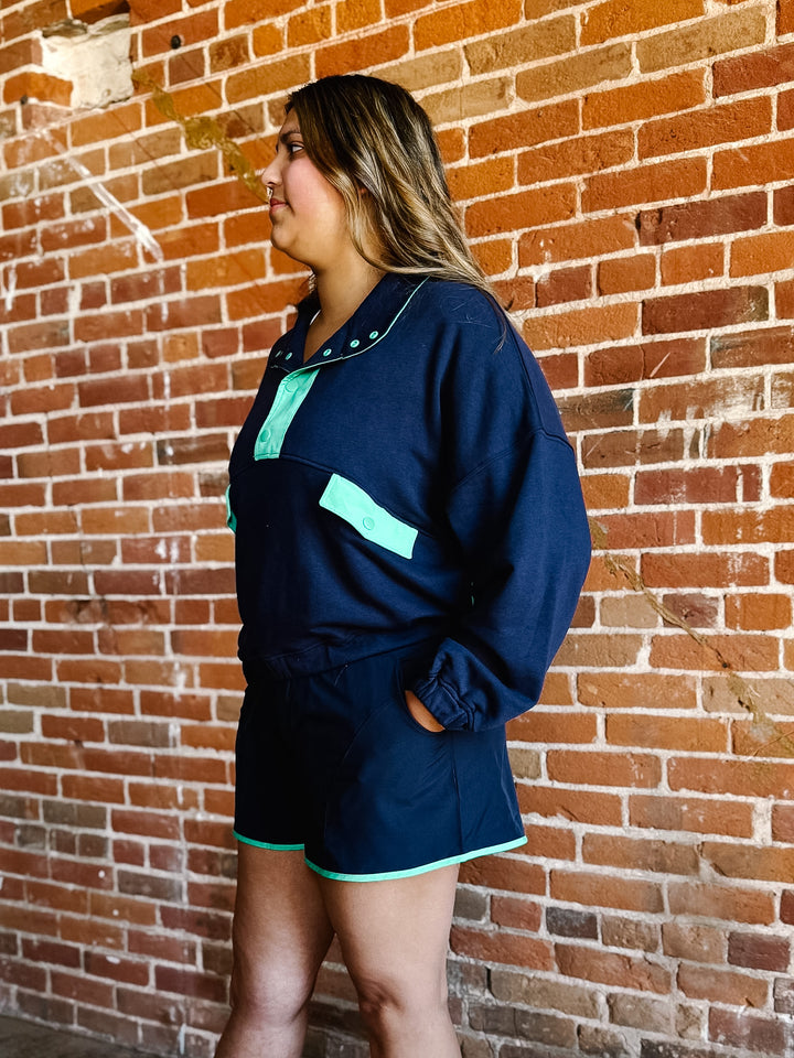 Court Side Cool French Terry Contrast Set, Navy/Mint Green