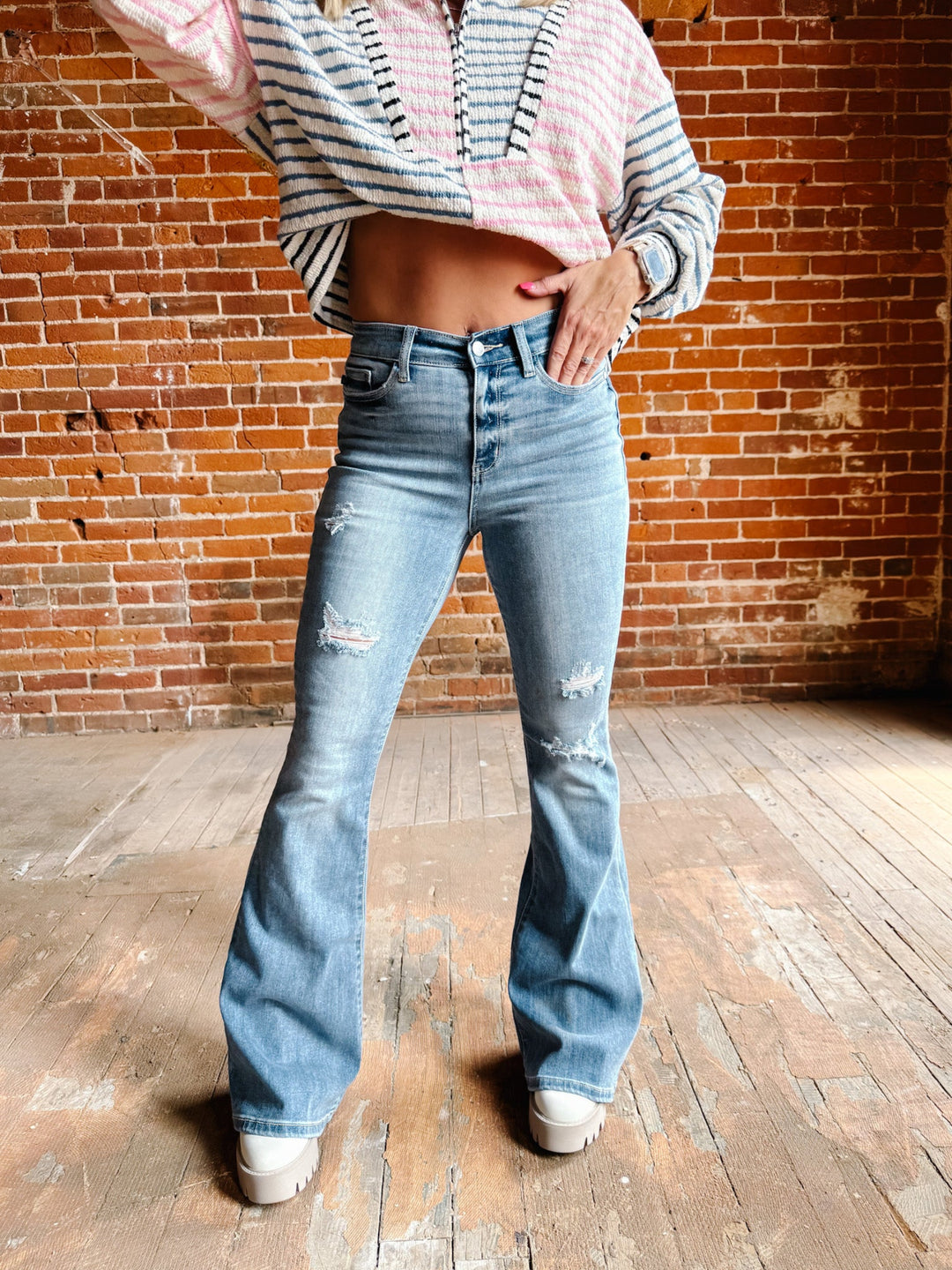 Cozette High Rise Distressed Flare, Light Wash