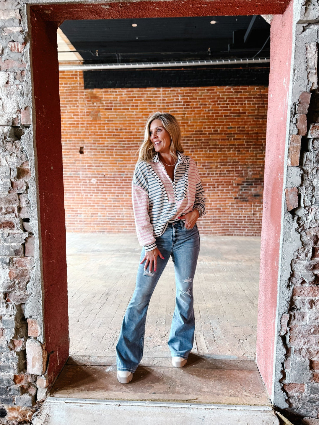 Cozette High Rise Distressed Flare, Light Wash