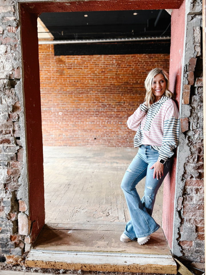 Cozette High Rise Distressed Flare, Light Wash