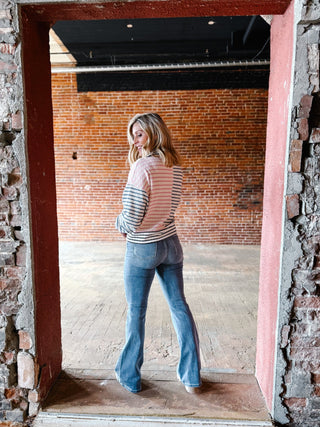Cozette High Rise Distressed Flare, Light Wash