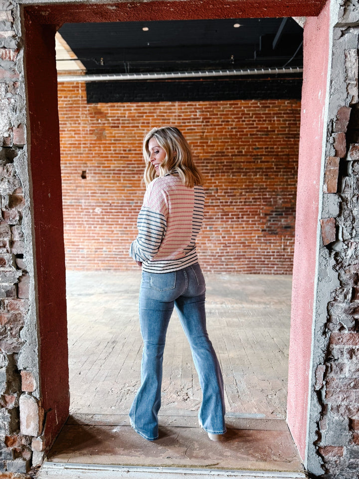 Cozette High Rise Distressed Flare, Light Wash