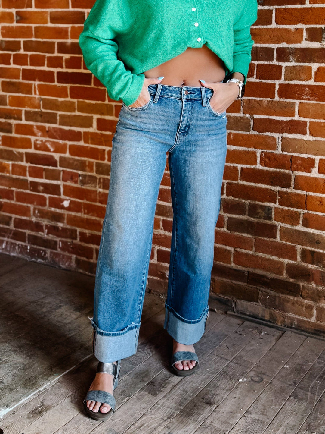 Cuffed Confidene High Rise Wide Leg Cuff Jeans, Medium Wash