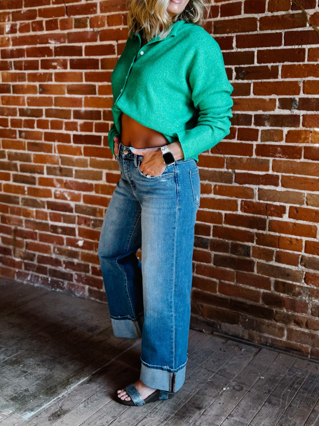 Cuffed Confidene High Rise Wide Leg Cuff Jeans, Medium Wash