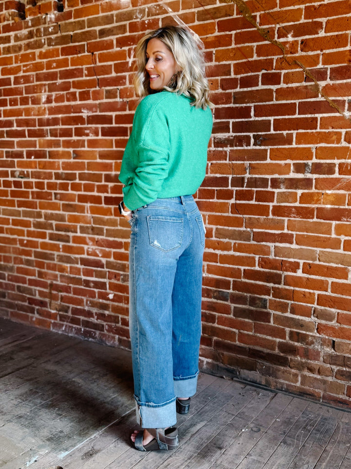 Cuffed Confidene High Rise Wide Leg Cuff Jeans, Medium Wash