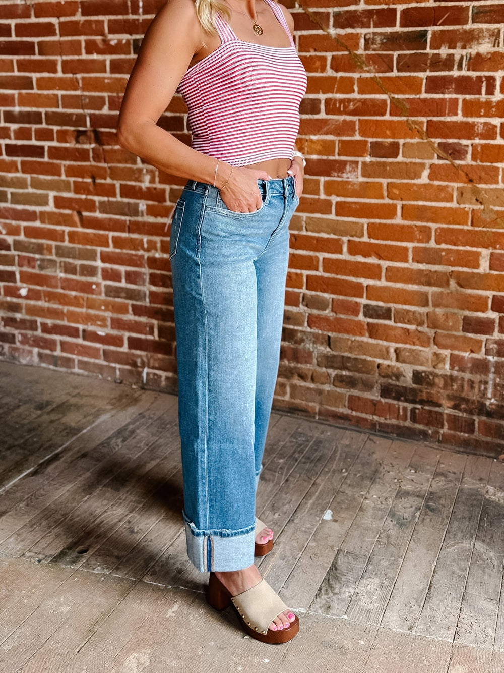 Cuffed Confidene High Rise Wide Leg Cuff Jeans, Medium Wash