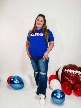 Distressed Kansas Outline Graphic Tee, True Royal