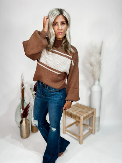 Bold News Mock Neck Sweater, Brown/Taupe