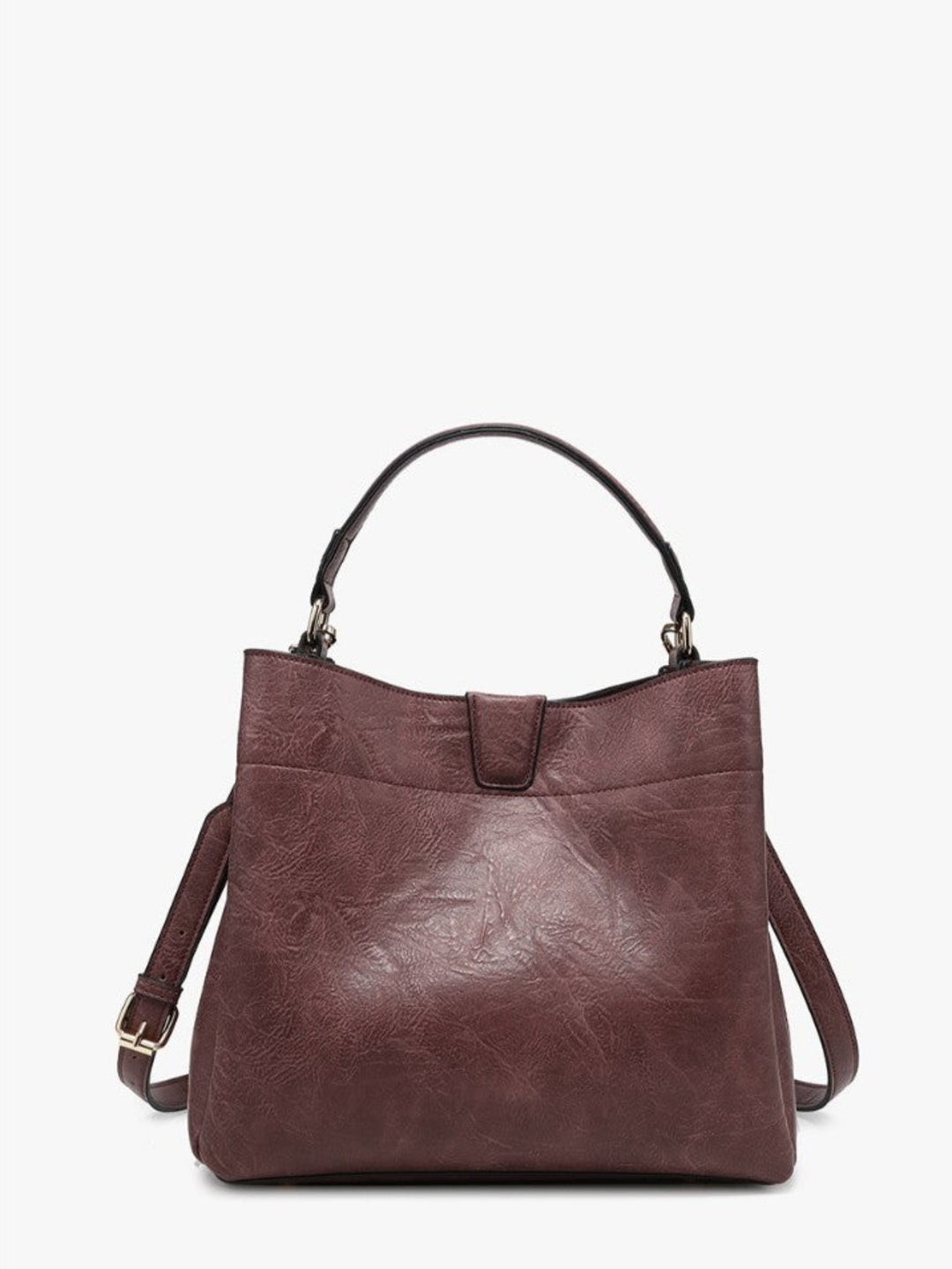 A dark brown textured leather handbag with a top handle and shoulder strap, shown against a plain white background.