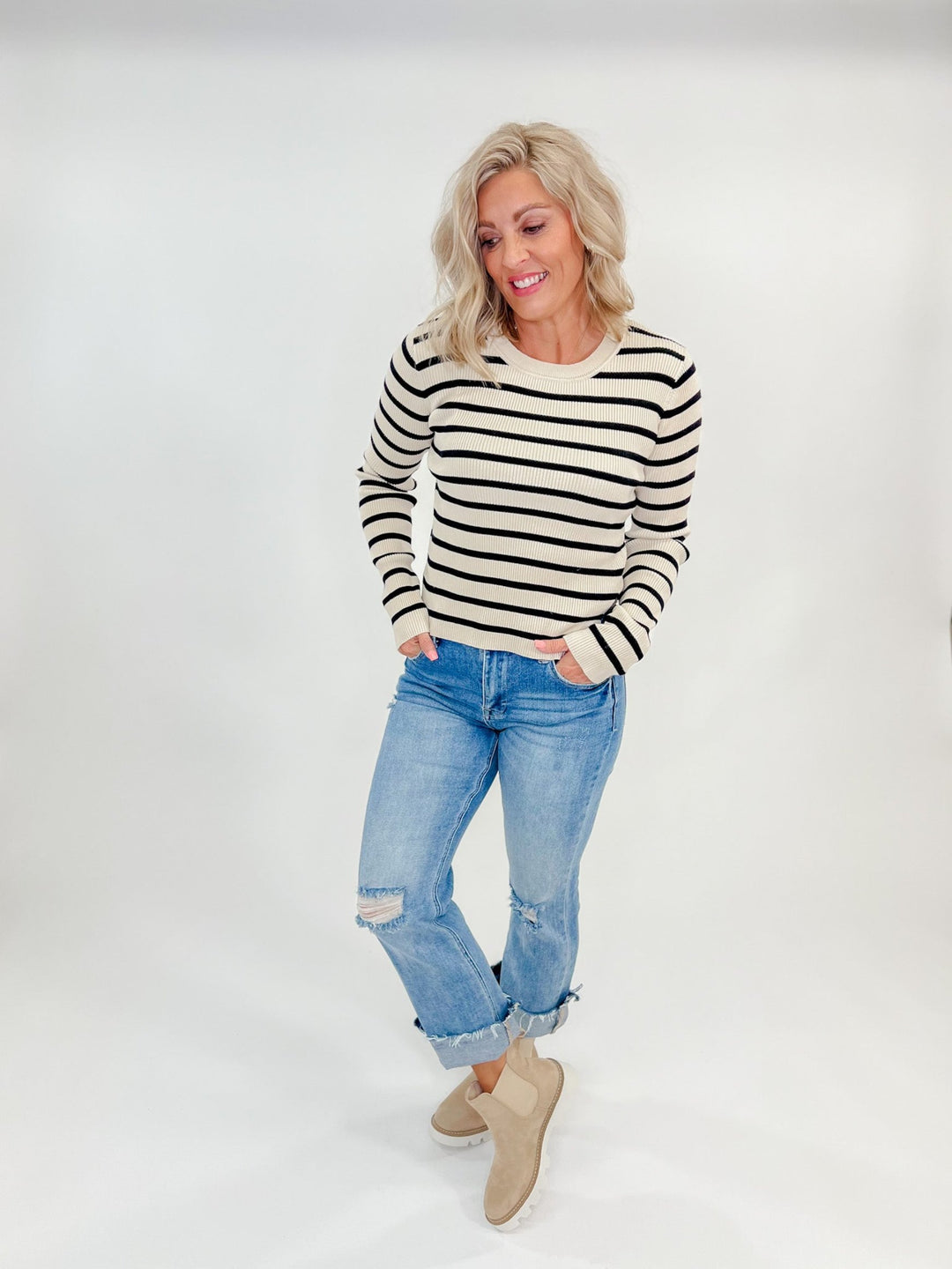 Dancing in the Streets Stripe Sweater, Taupe/Black