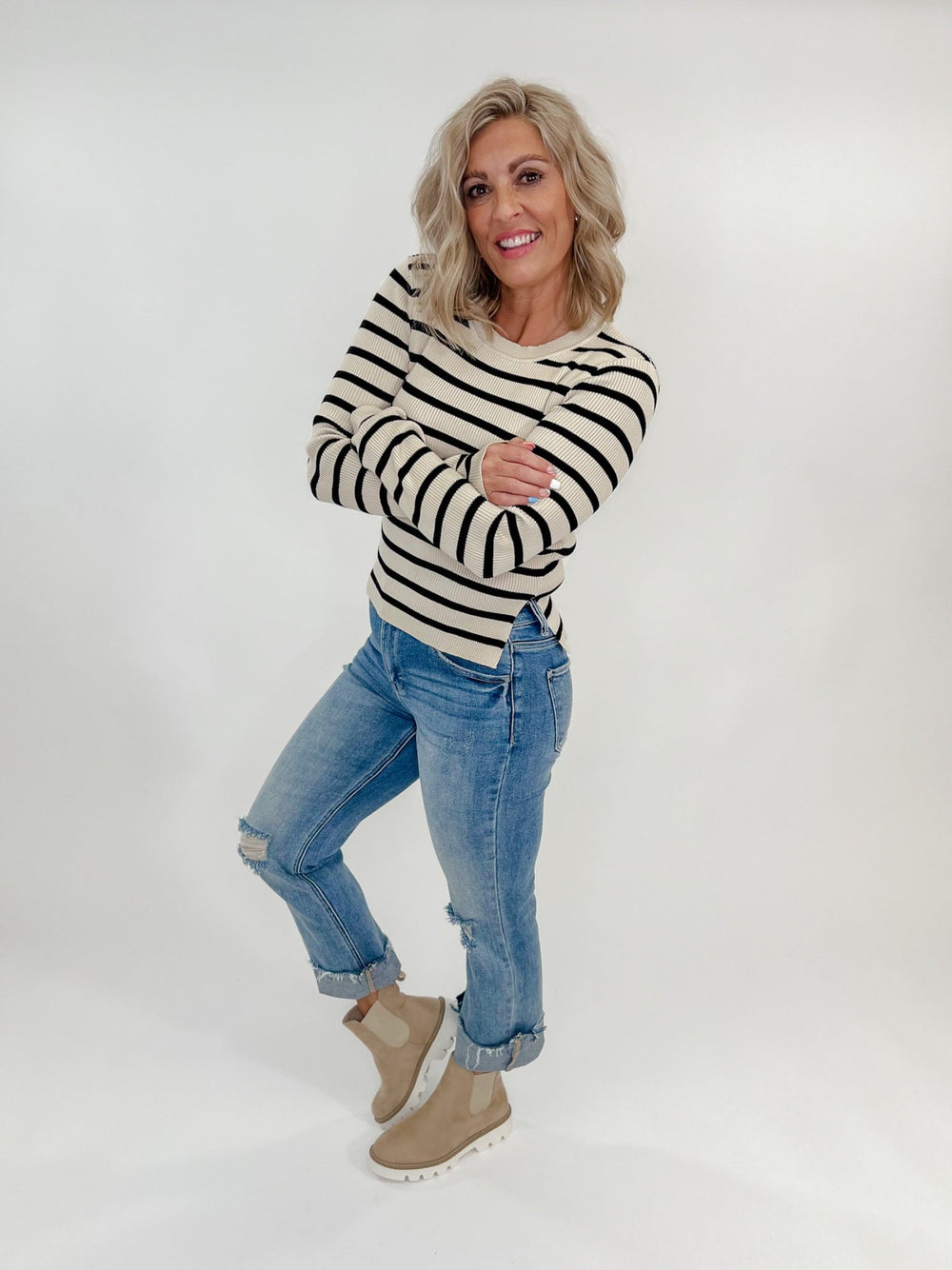 Dancing in the Streets Stripe Sweater, Taupe/Black