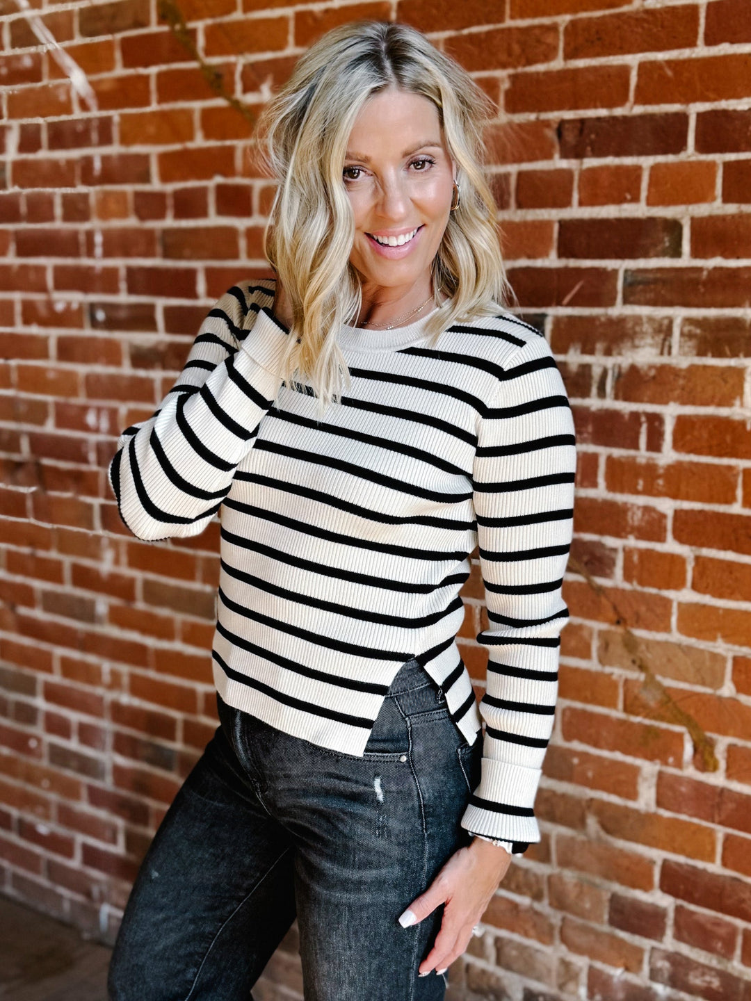 Dancing in the Streets Stripe Sweater, Taupe/Black