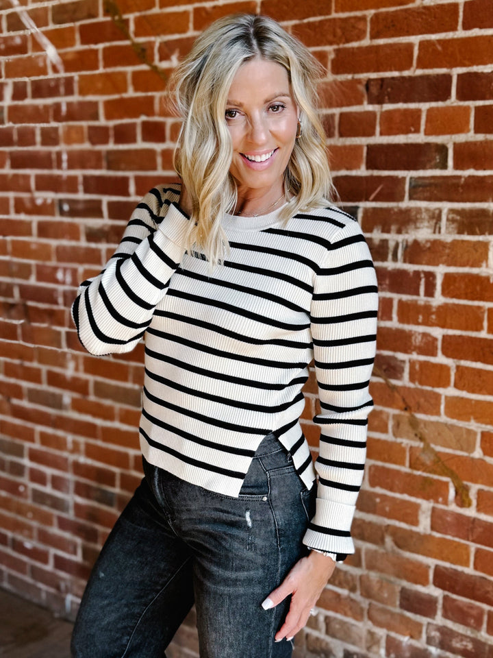 Dancing in the Streets Stripe Sweater, Taupe/Black