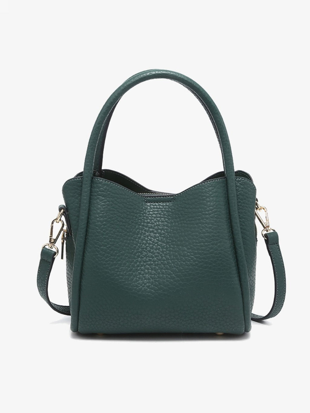 A dark green pebbled leather handbag with a top handle, shoulder strap, and gold-tone hardware, shown against a plain white background.