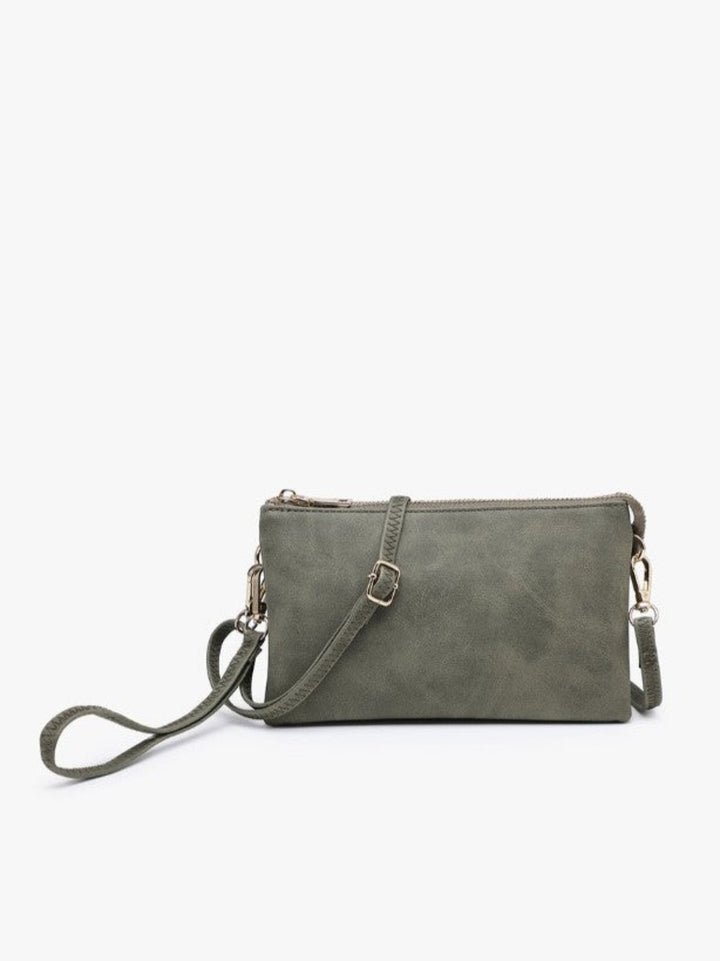 An olive green faux-leather clutch bag with a matching shoulder strap, gold-tone hardware, and a zip-top closure, shown against a plain white background.