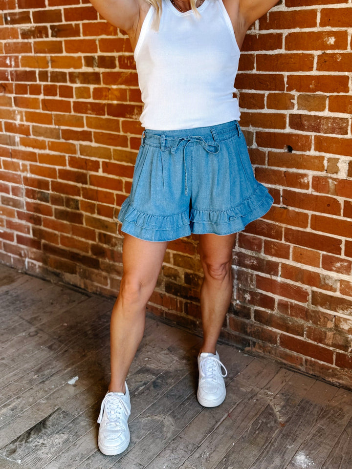 Denim Ruffle Tier Shorts, Light Denim