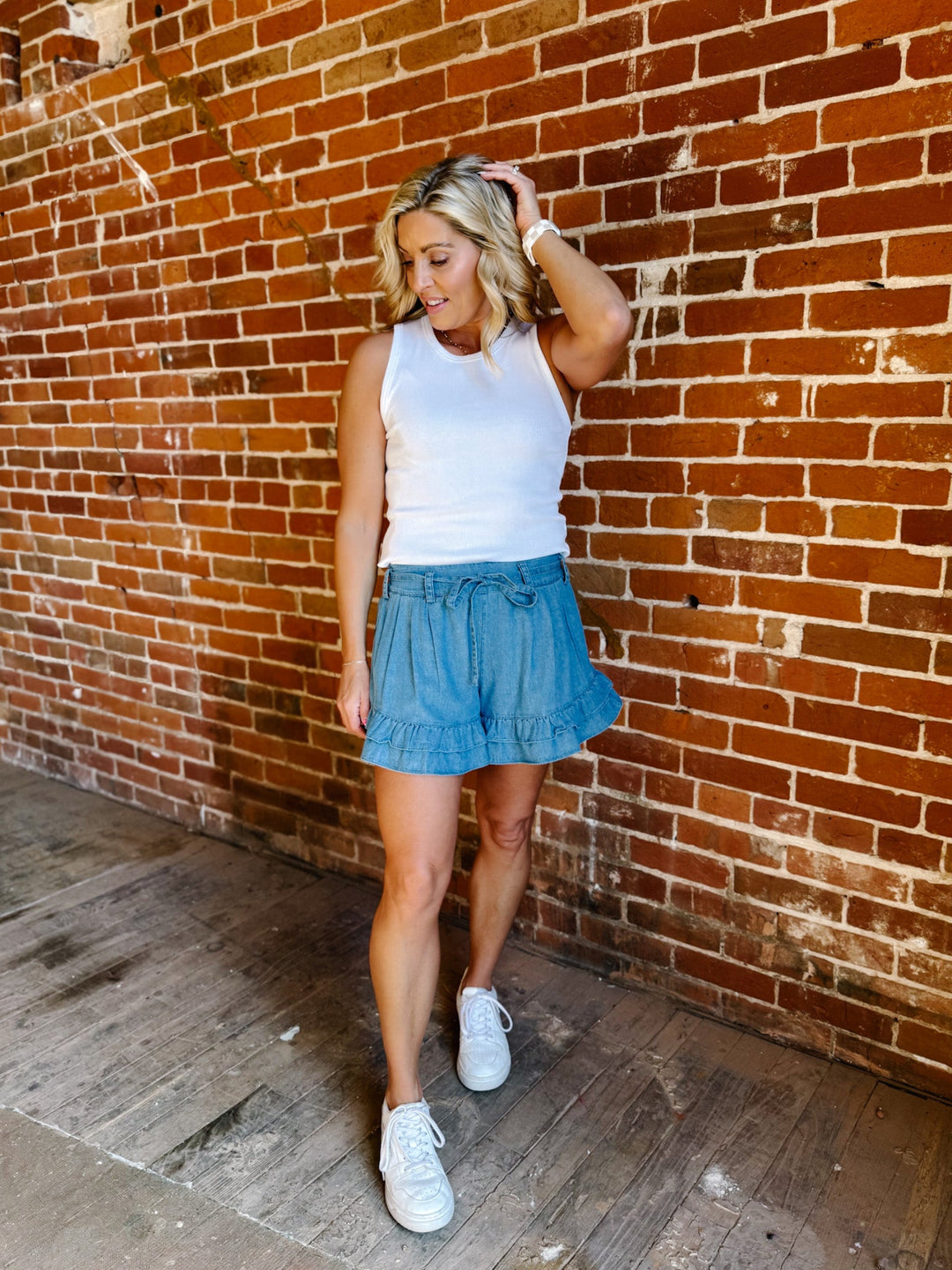 Denim Ruffle Tier Shorts, Light Denim