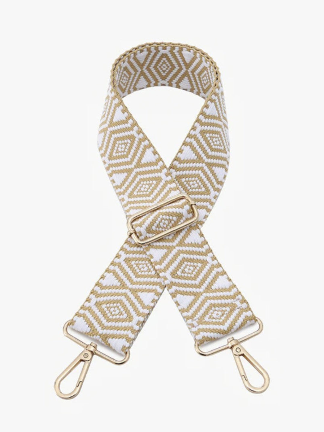 A woven fabric shoulder strap with a geometric diamond pattern in beige and white, featuring gold-tone metal hardware clips and a buckle, shown on a light gray background.