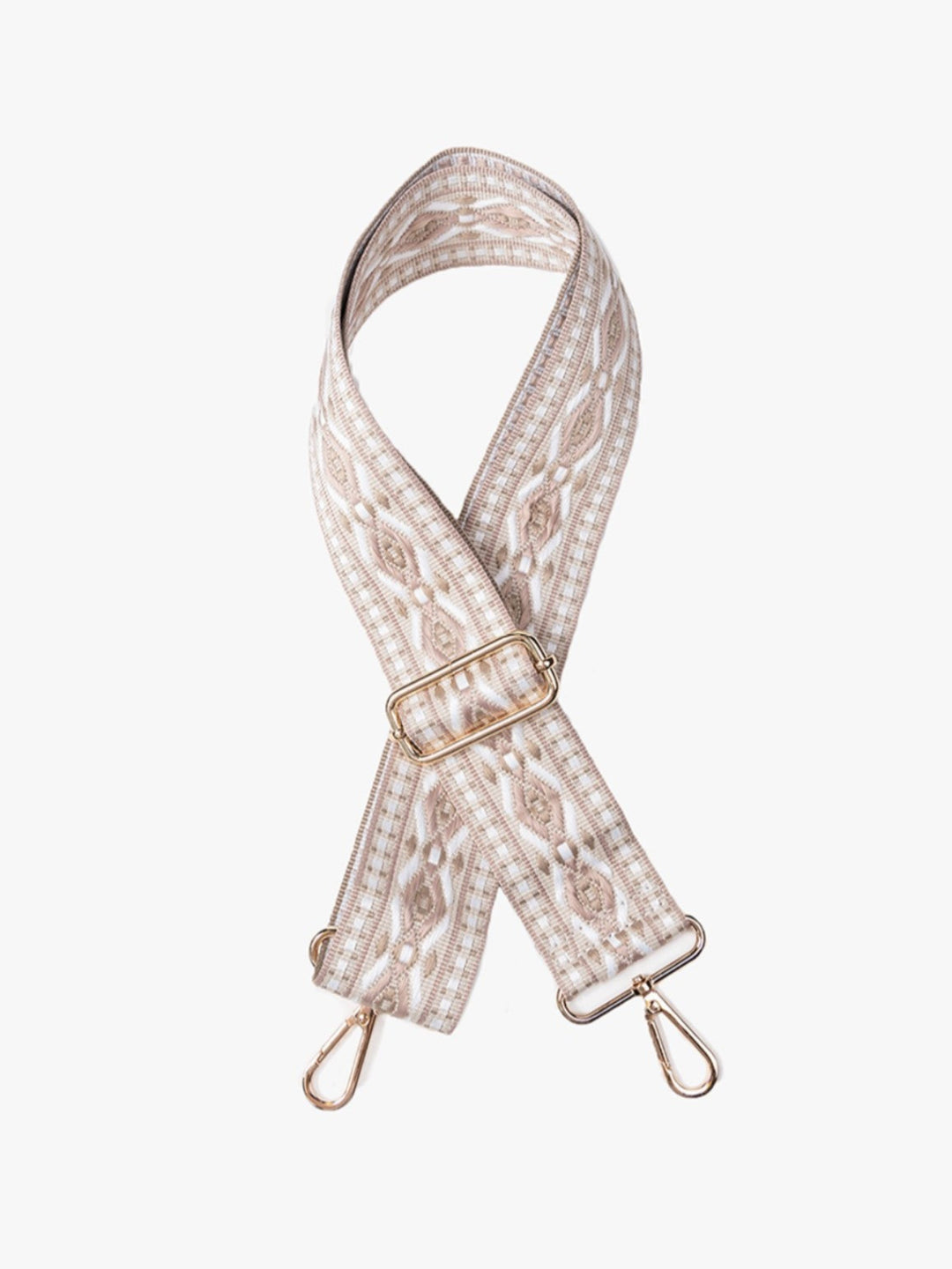 A fabric shoulder strap with an intricate beige and white geometric pattern, featuring a gold-tone metal buckle and two matching gold-tone swivel clips at the ends, displayed on a clean white background.