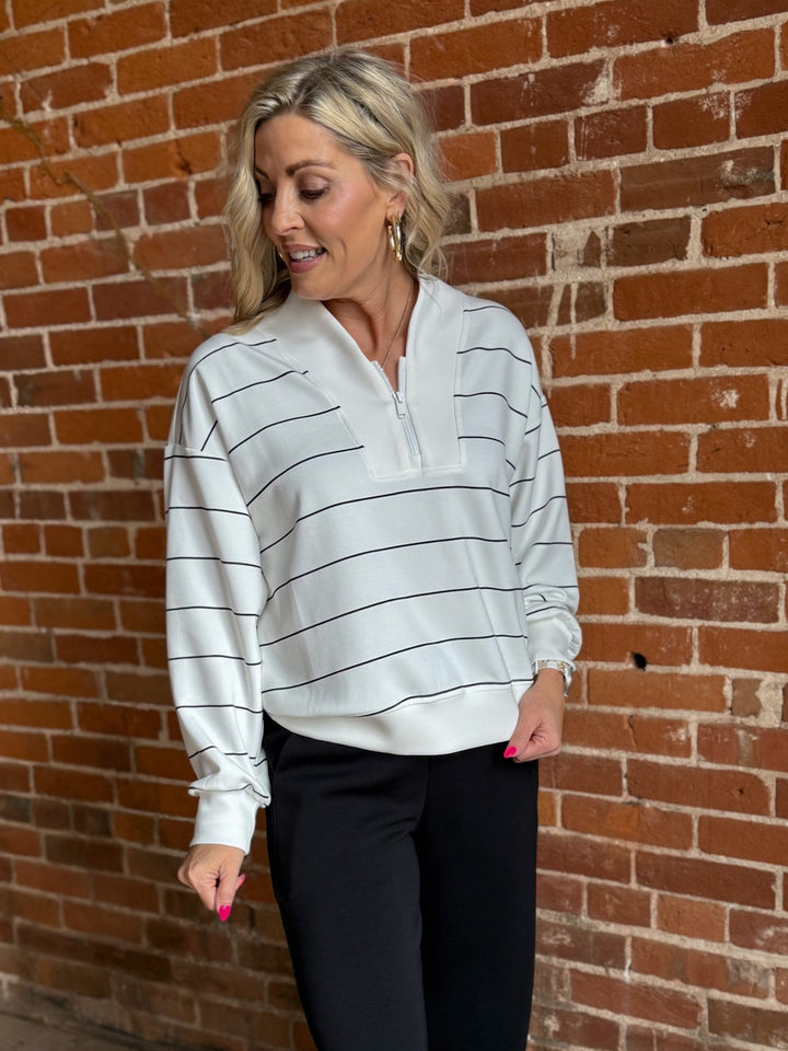 Diana Qtr Zip Stripe Pullover, CreamBlack