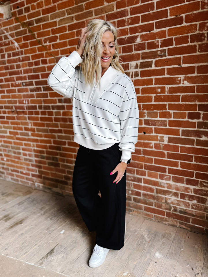 Diana Qtr Zip Stripe Pullover, CreamBlack