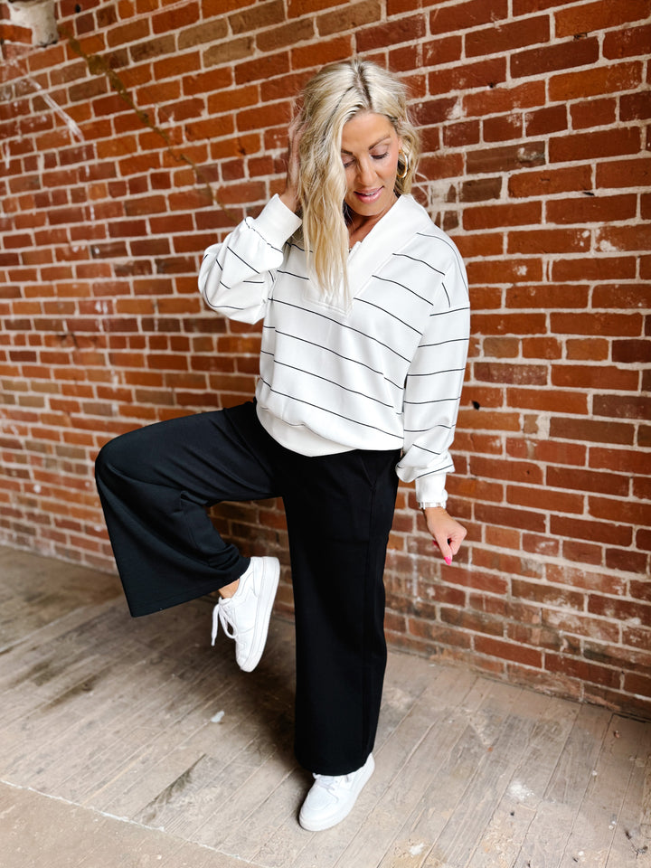 Diana Qtr Zip Stripe Pullover, Cream/Black