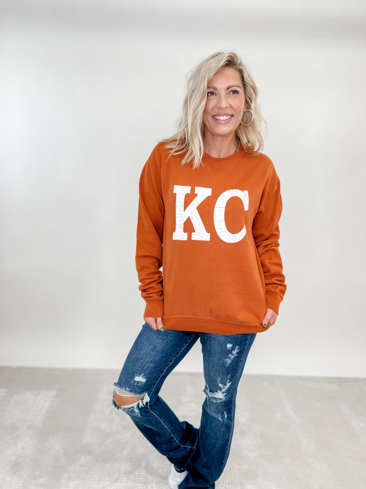 Distressed KC Crewneck Graphic Sweatshirt, Texas Orange