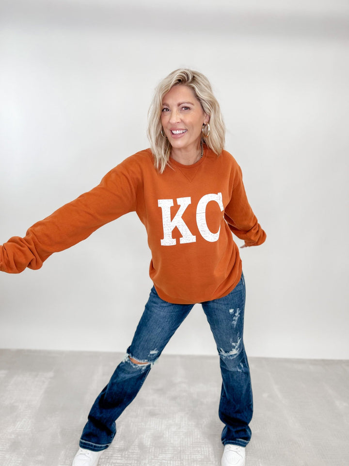 Distressed KC Crewneck Graphic Sweatshirt, Texas Orange