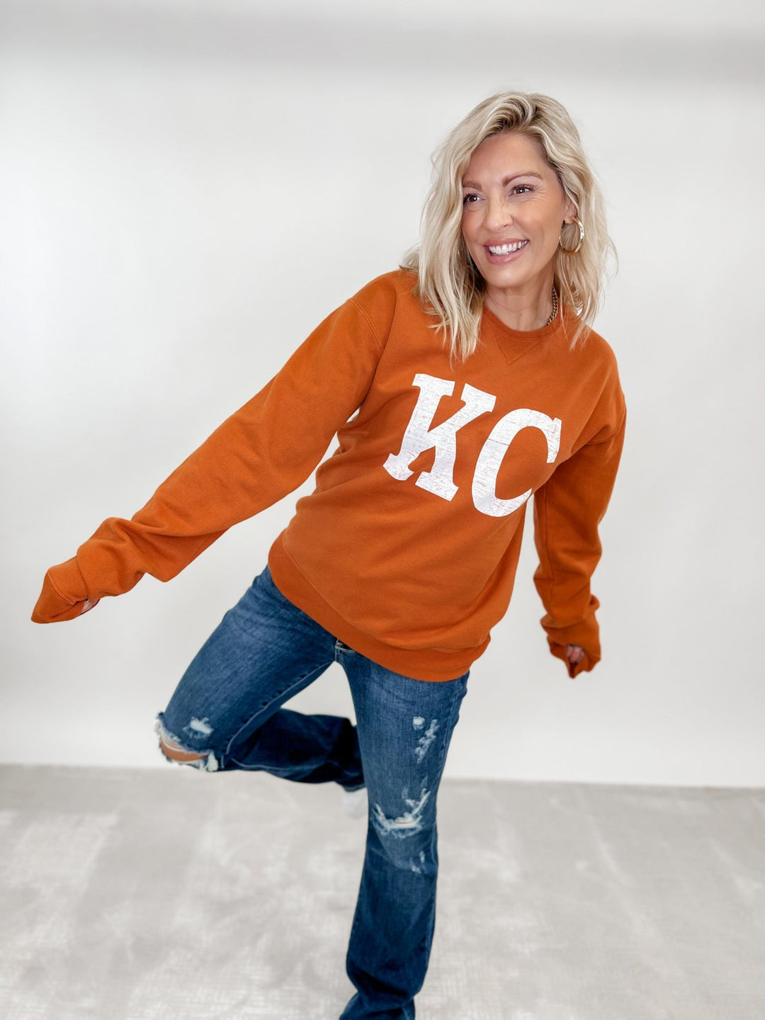 Distressed KC Crewneck Graphic Sweatshirt, Texas Orange