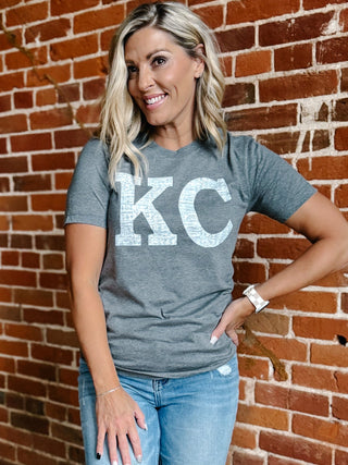 Distressed KC Crewneck Graphic Tee, Deep Heather