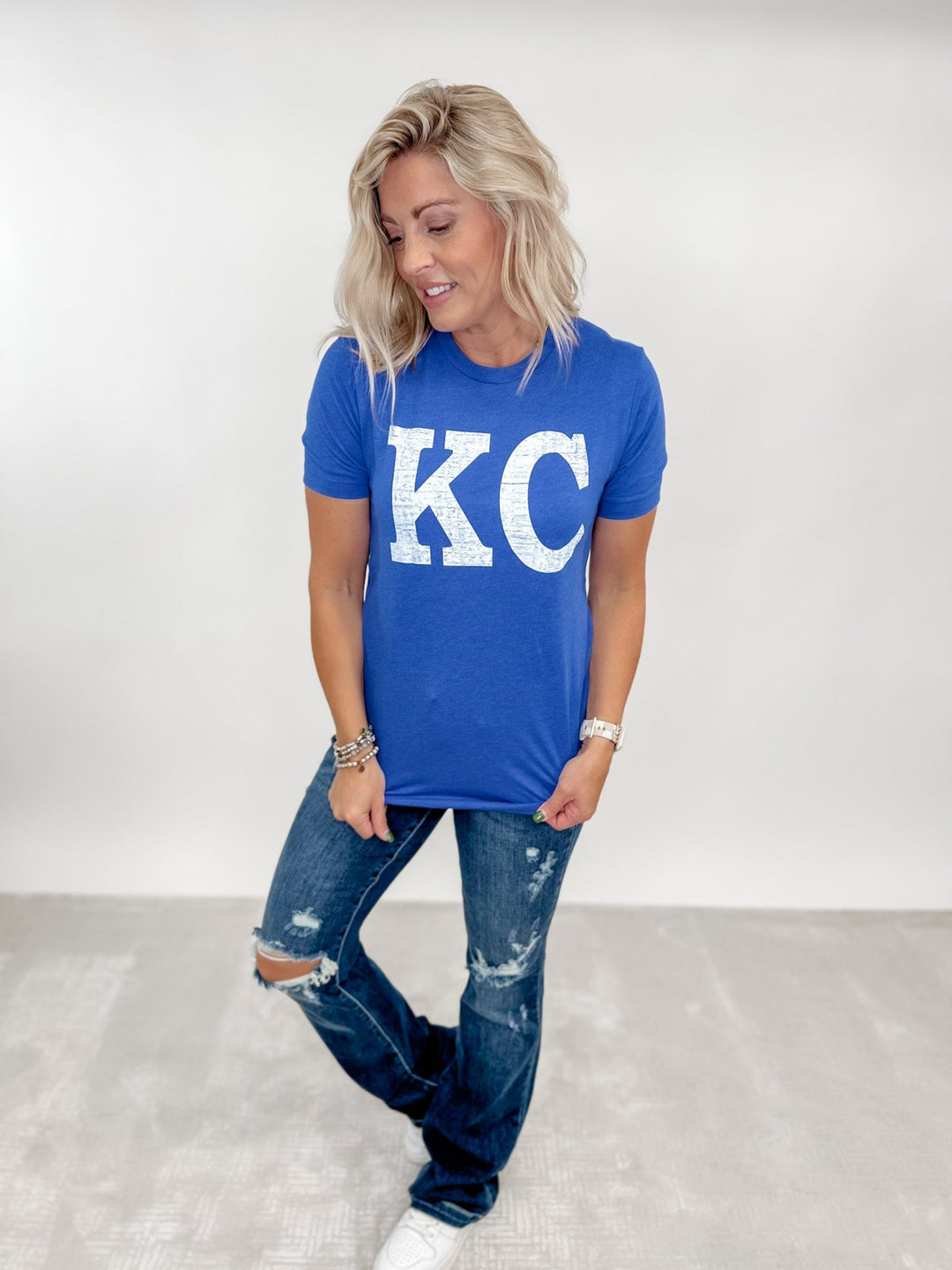 Distressed KC Crewneck Graphic Tee, Heather True Royal