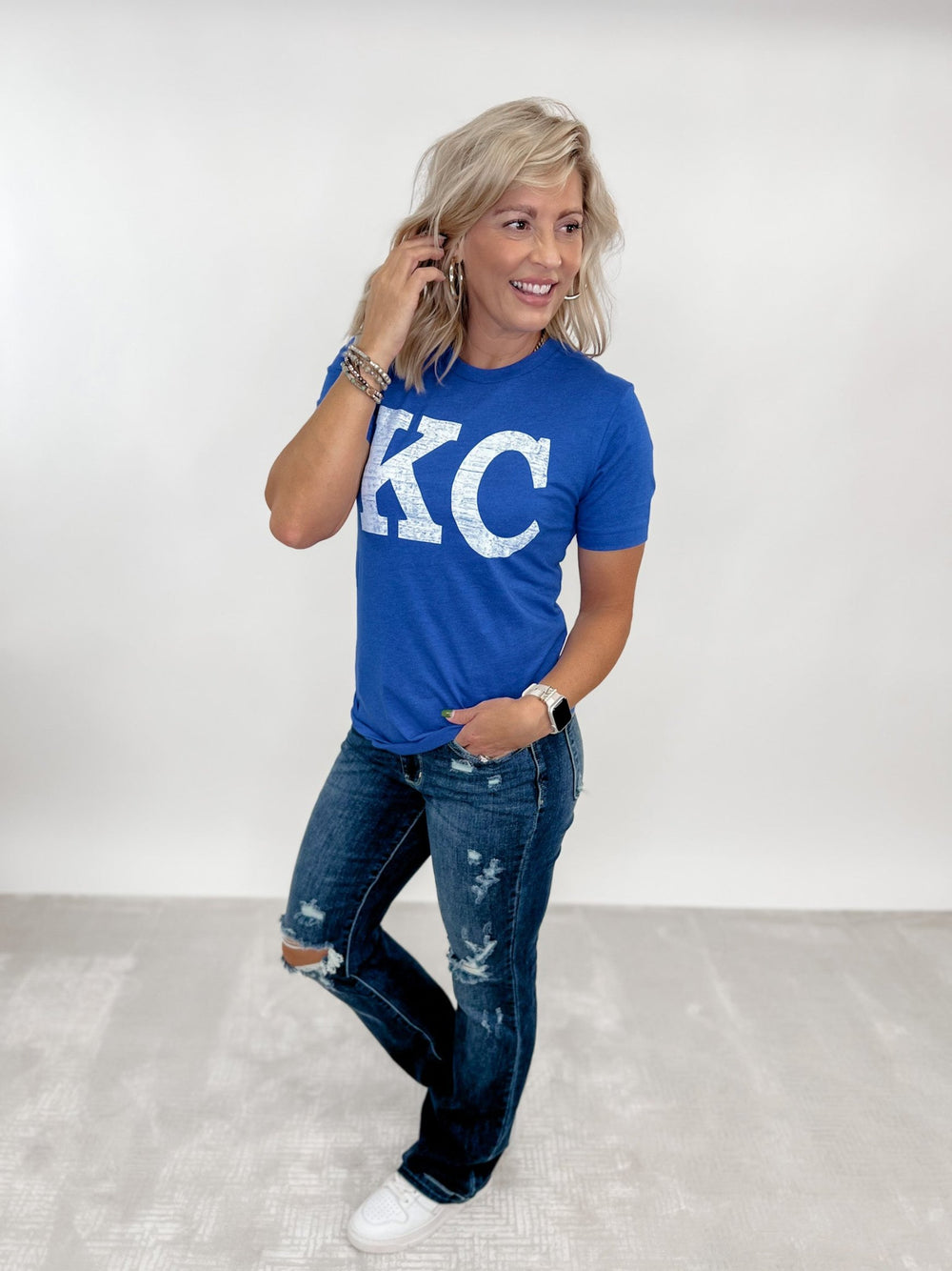 Distressed KC Crewneck Graphic Tee, Heather True Royal