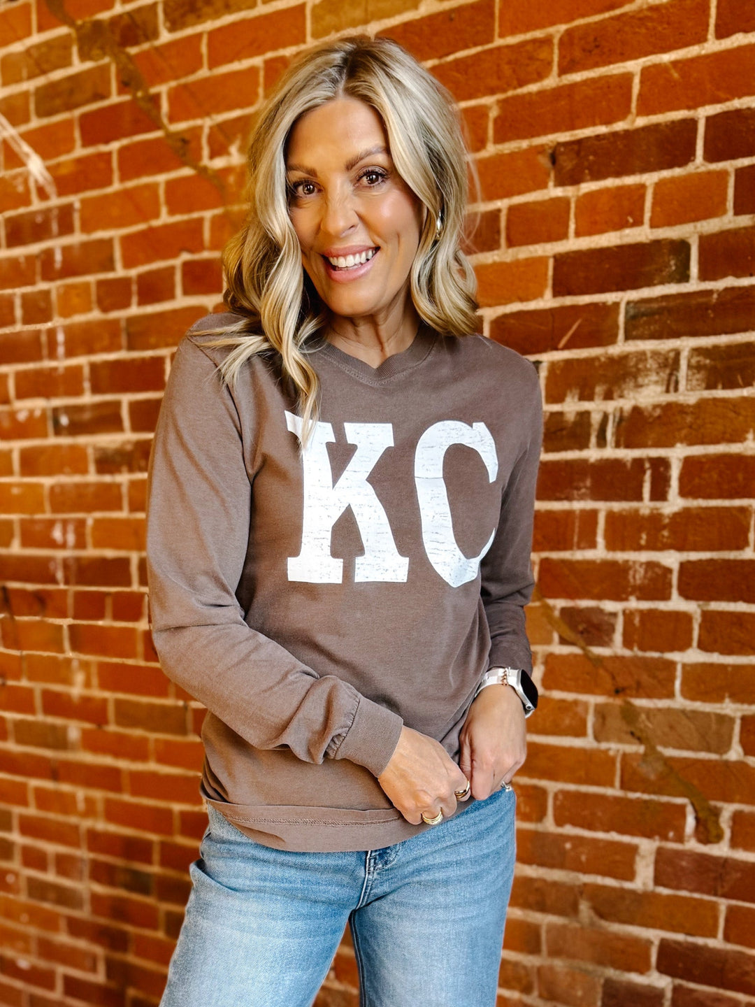 Distressed KC Crewneck Long Sleeve Tee, Espresso