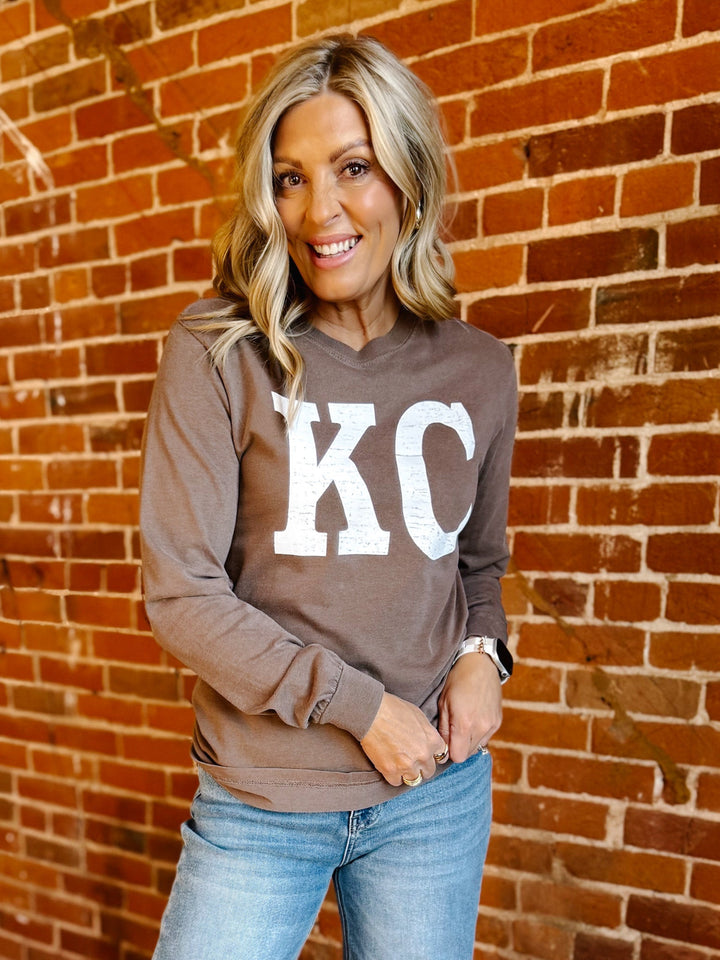 Distressed KC Crewneck Long Sleeve Tee, Espresso