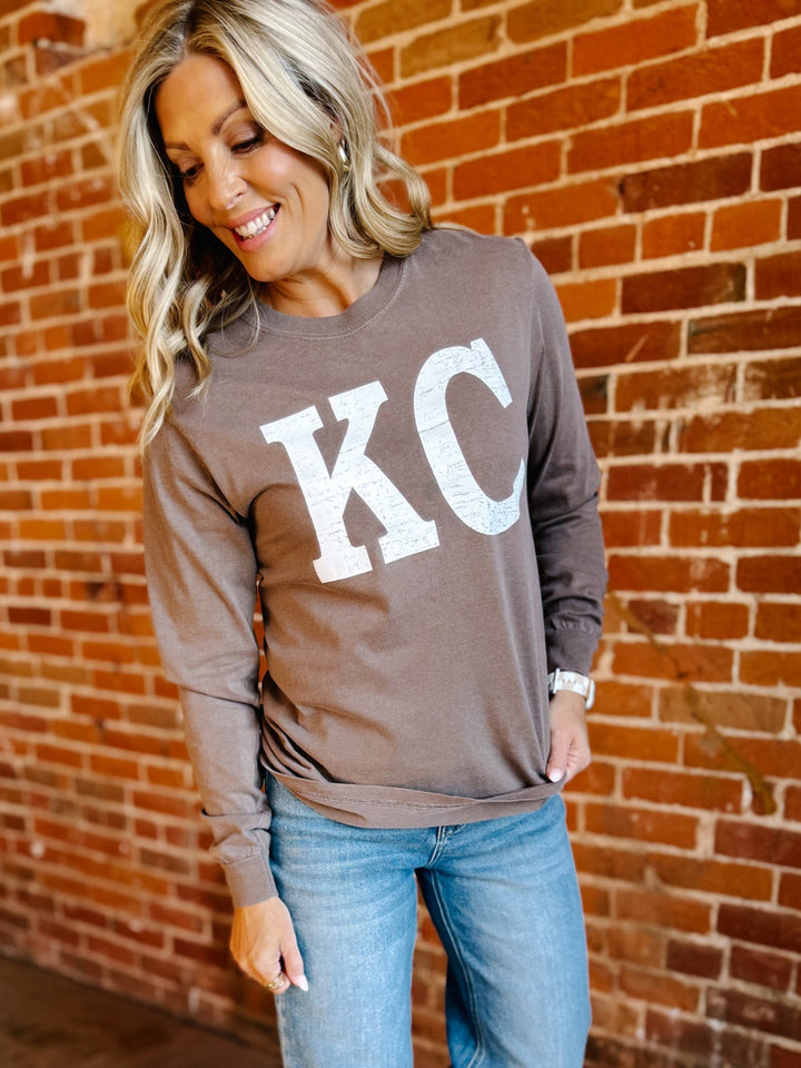Distressed KC Crewneck Long Sleeve Tee, Espresso