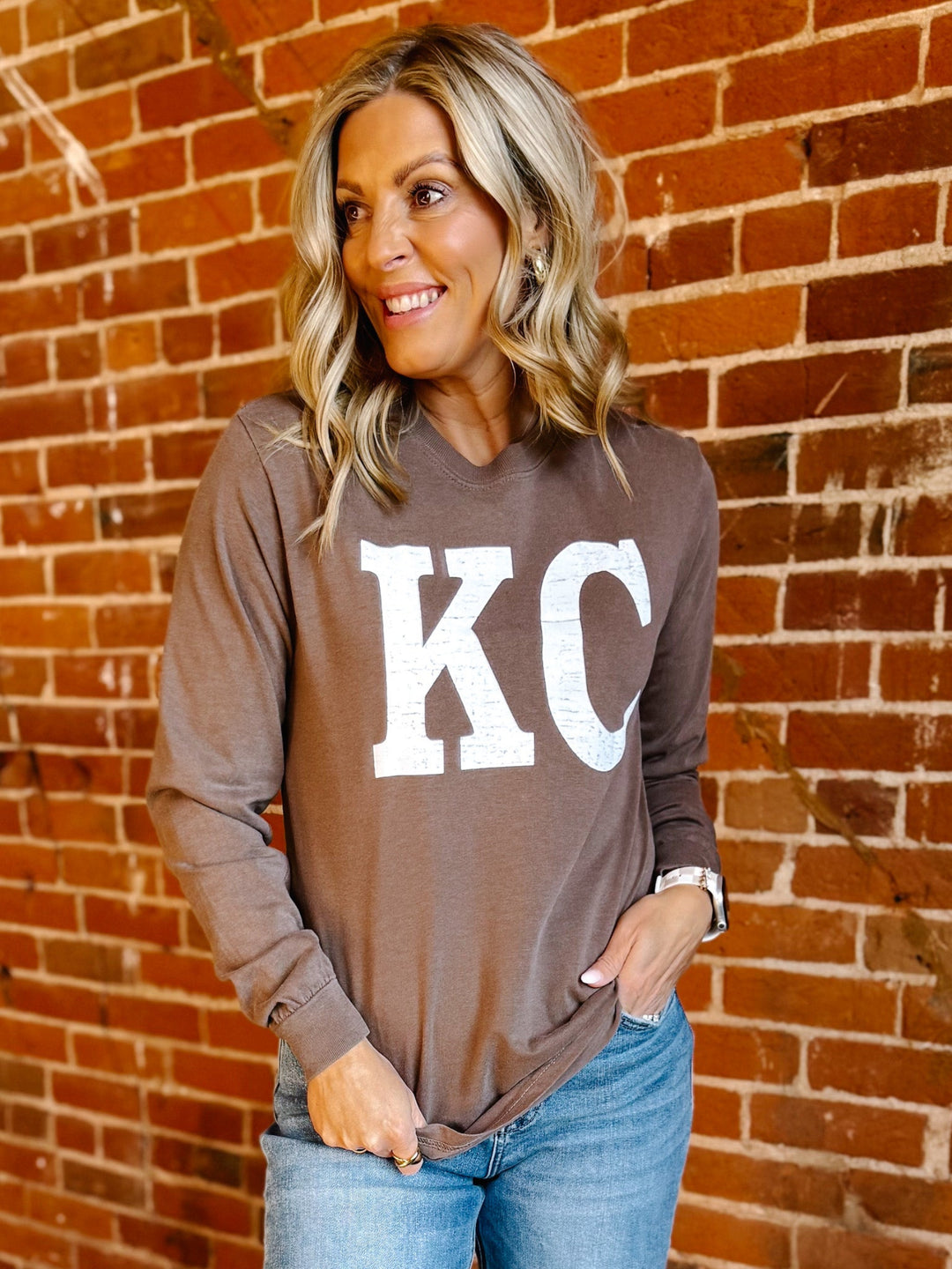 Distressed KC Crewneck Long Sleeve Tee, Espresso