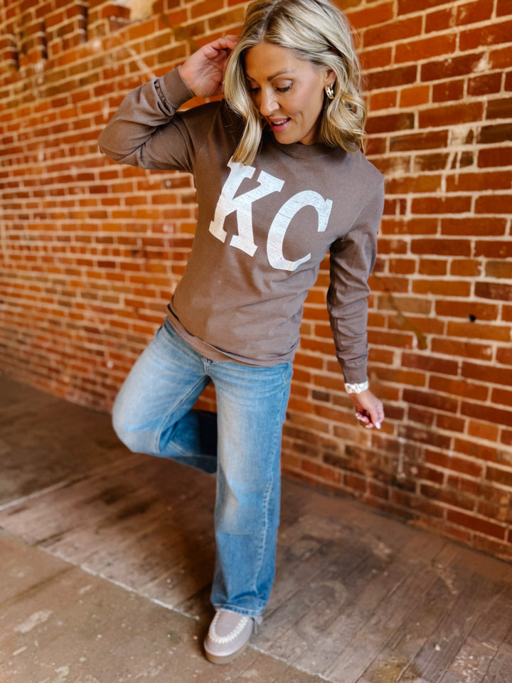 Distressed KC Crewneck Long Sleeve Tee, Espresso
