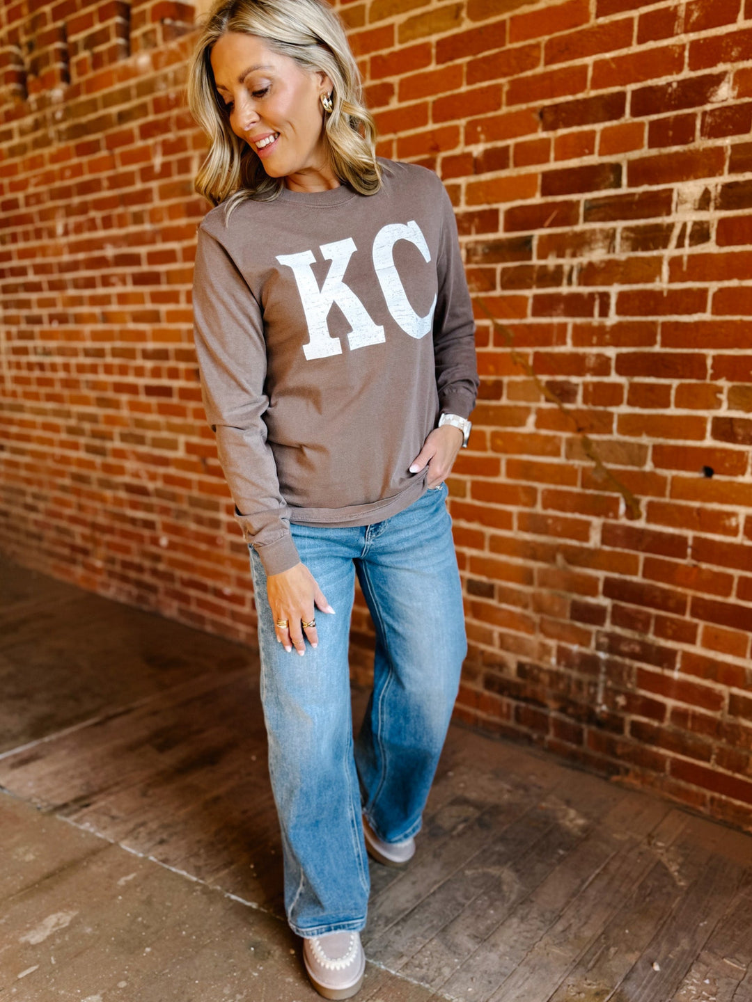 Distressed KC Crewneck Long Sleeve Tee, Espresso
