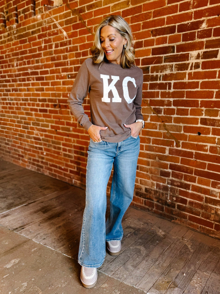 Distressed KC Crewneck Long Sleeve Tee, Espresso