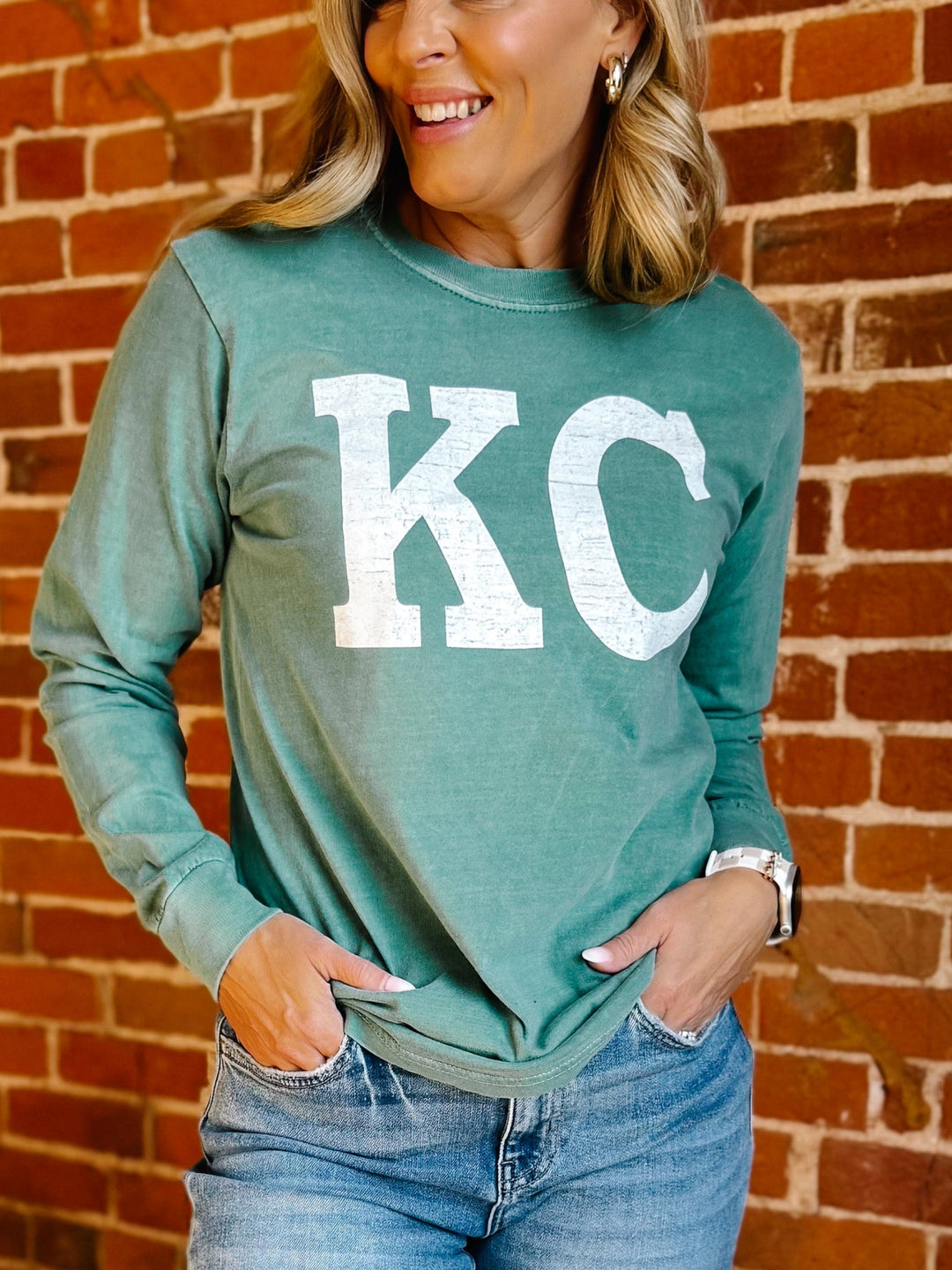 Distressed KC Crewneck Long Sleeve Tee, Light Green