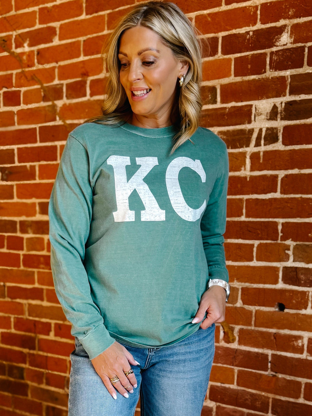 Distressed KC Crewneck Long Sleeve Tee, Light Green