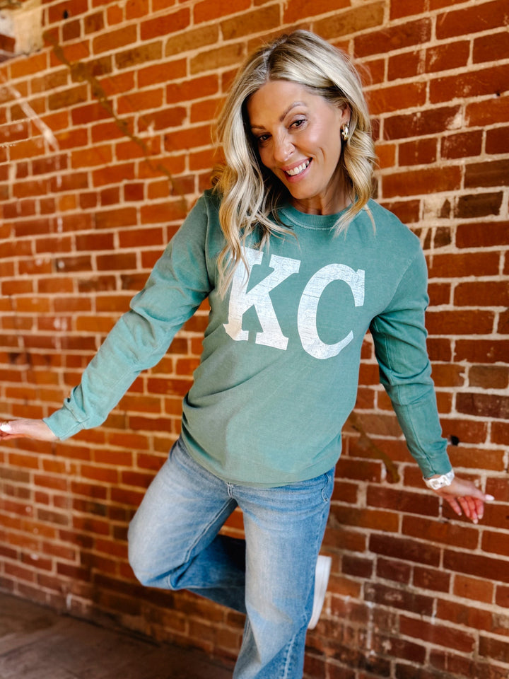 Distressed KC Crewneck Long Sleeve Tee, Light Green