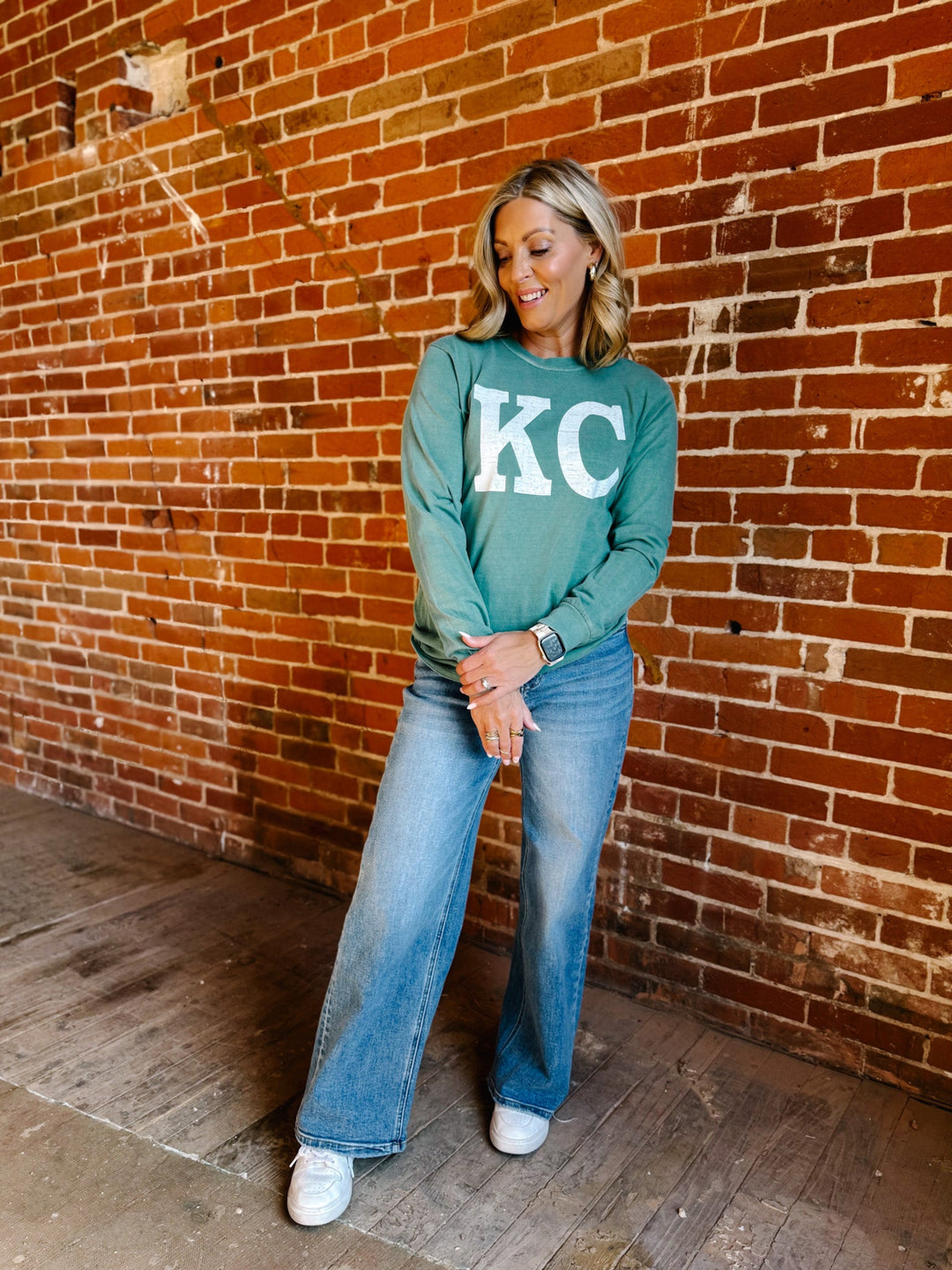 Distressed KC Crewneck Long Sleeve Tee, Light Green