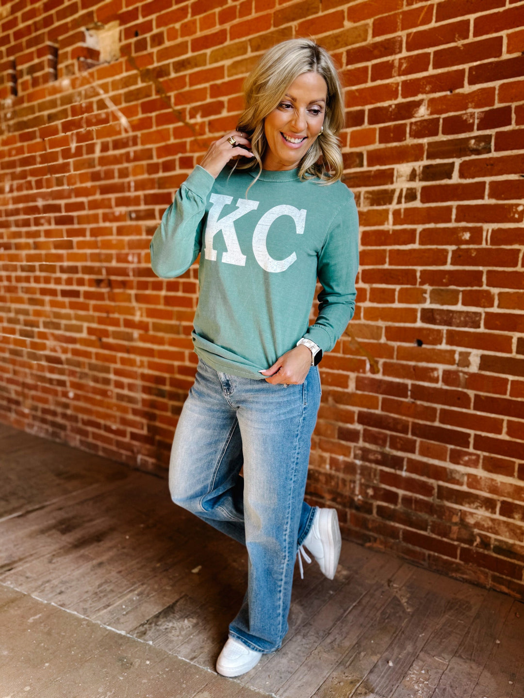 Distressed KC Crewneck Long Sleeve Tee, Light Green