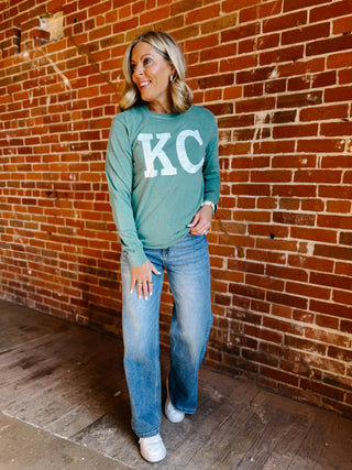Distressed KC Crewneck Long Sleeve Tee, Light Green