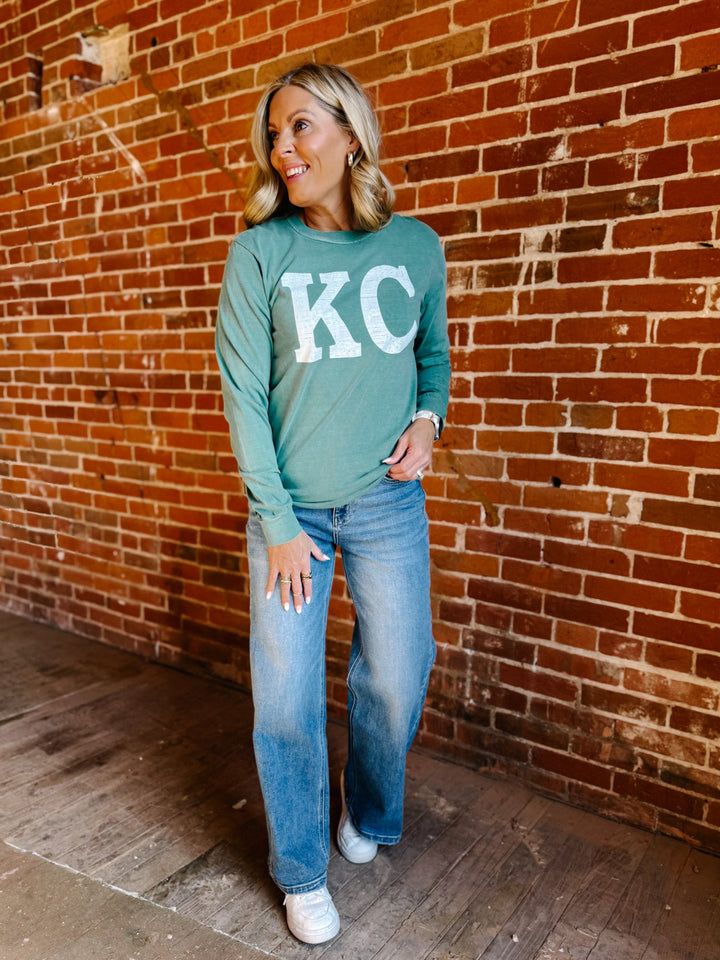 Distressed KC Crewneck Long Sleeve Tee, Light Green