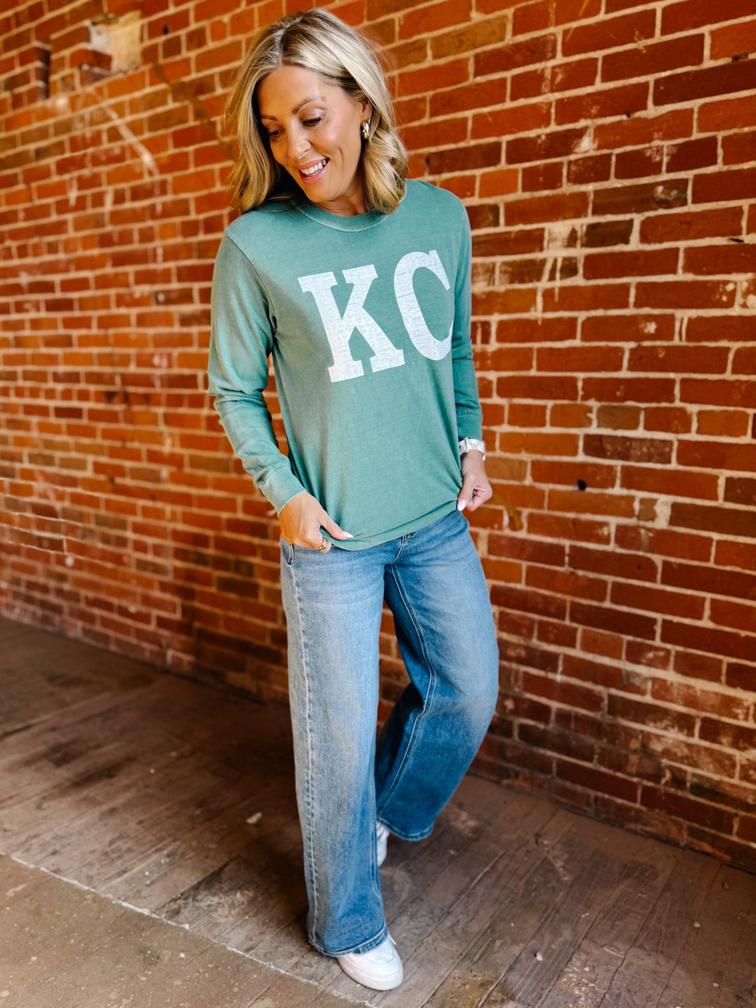 Distressed KC Crewneck Long Sleeve Tee, Light Green