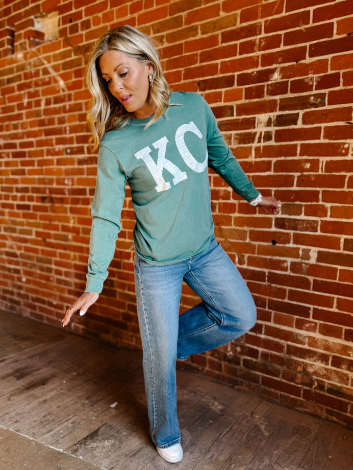 Distressed KC Crewneck Long Sleeve Tee, Light Green