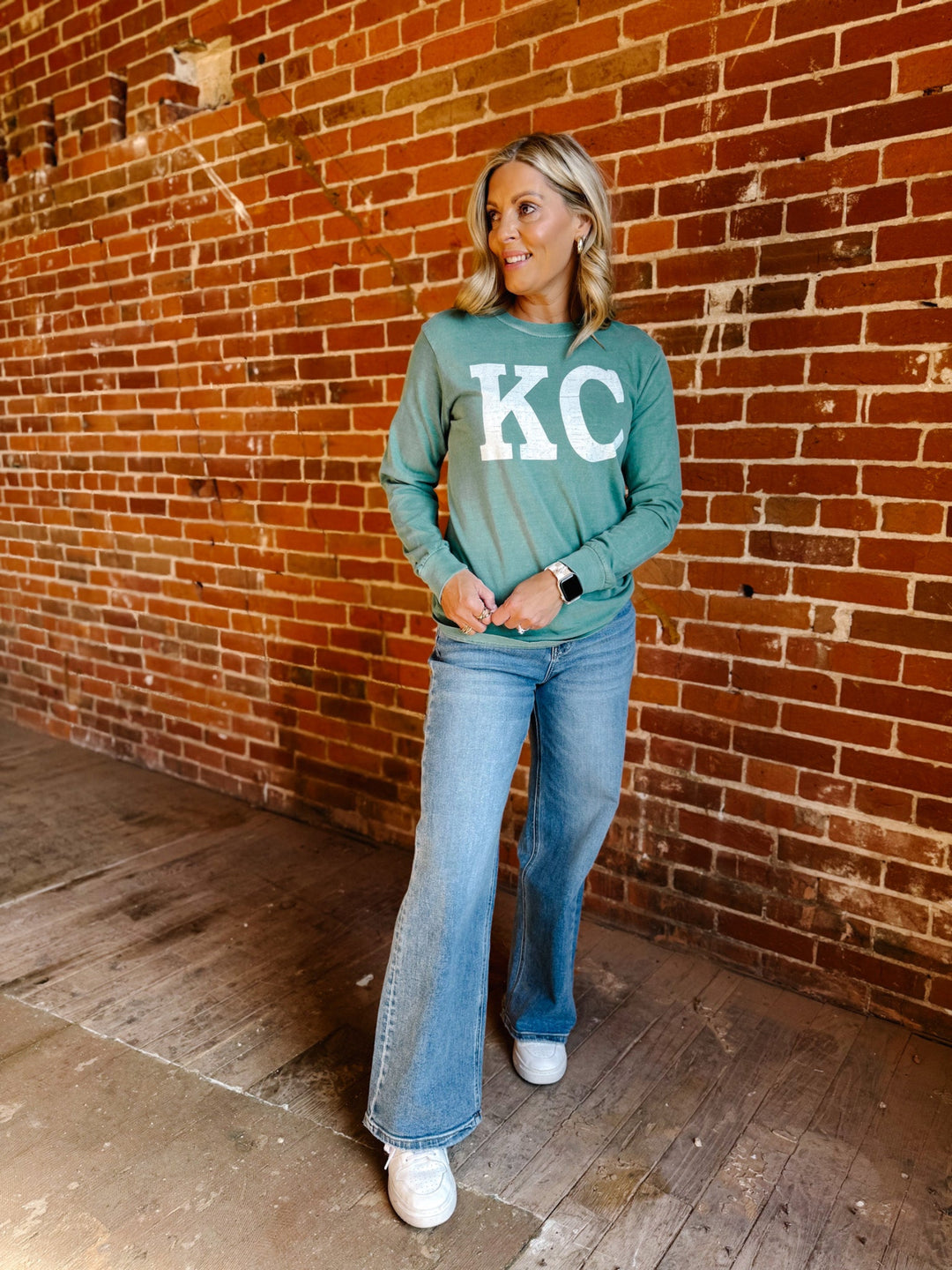 Distressed KC Crewneck Long Sleeve Tee, Light Green