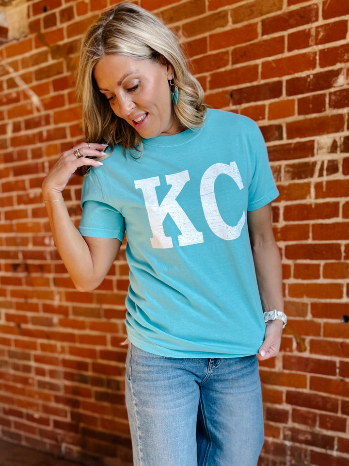 Distressed KC Crewneck Short Sleeve Tee, Lagoon